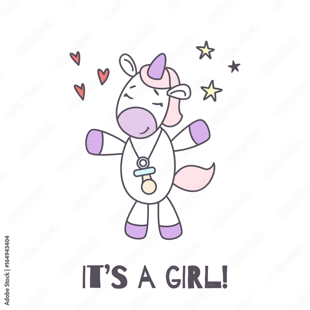 It's a girl. Unicorn girl with a pacifier on her neck It's a girl. Unicorn girl with a pacifier on her neck