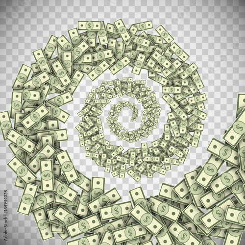 Dollar banknotes tornado, green money hurricane, money bills swirl, financial whirlpool concept. Vector illustration of banknotes spiral stream isolated on a transparency background.