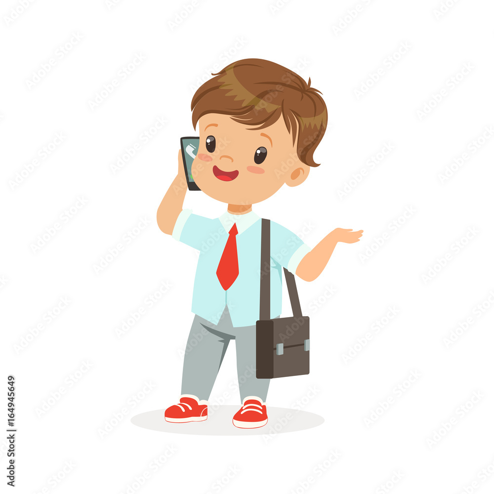 Cute little boy businessman talking on smartphone, vector Illustration