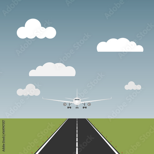 The plane comes to land, the plane is on the runway