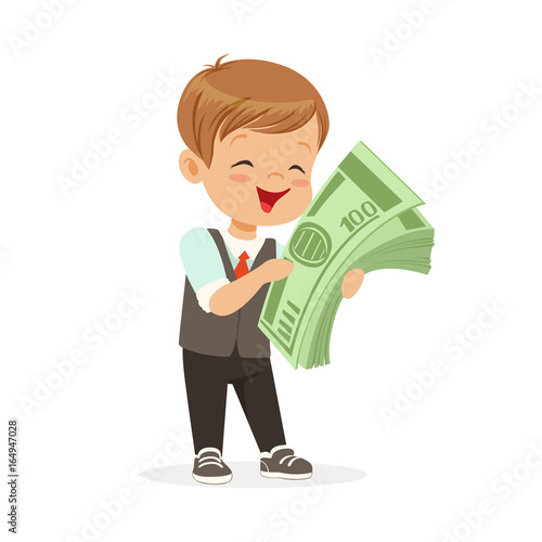 Happy little boy businessman holding a stack of money, kids savings and finance, richness of childhood vector Illustration