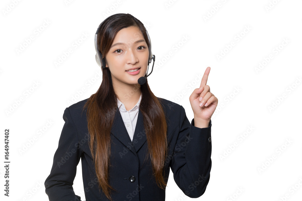 Asian businesswoman finger point up isolated Asian businesswoman finger point up isolated