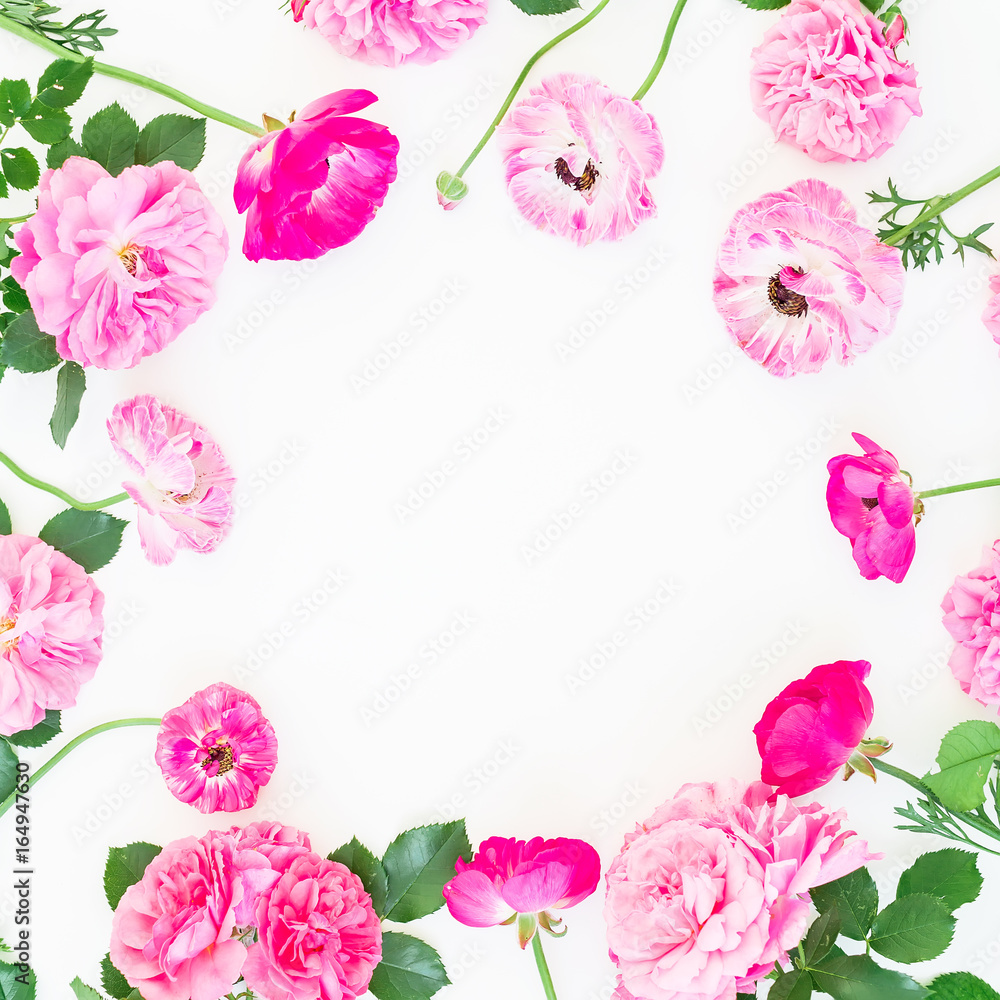Floral frame made of roses and peonies on white background. Flat lay, top view. Floral lifestyle composition.