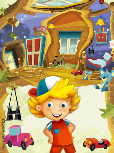 Cartoon children room with happy cheerful boy standing and smiling- house in the tree 