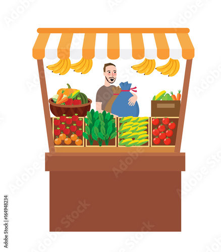 man selling fruits vegetables in stall stand fresh market farm product