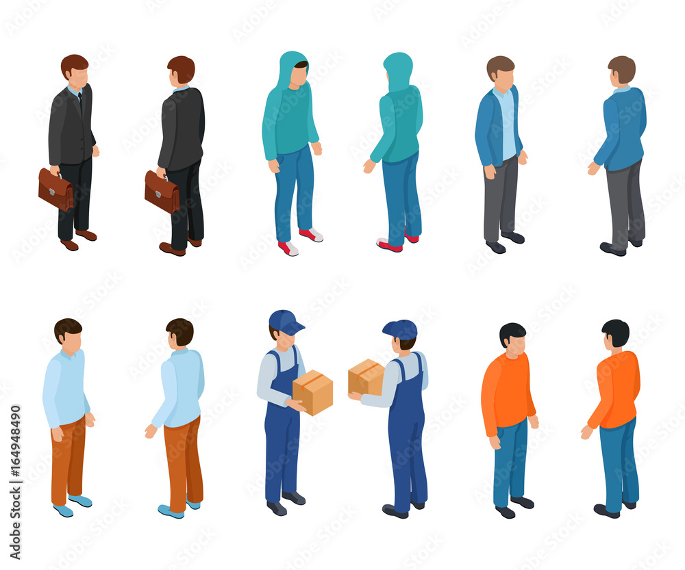Trendy isometric young creative people with businessman, freelancers, delivery courier and ordinary people. Vector illustration. Trendy isometric young creative people with businessman, freelancers, delivery courier and ordinary people. Vector illustration.