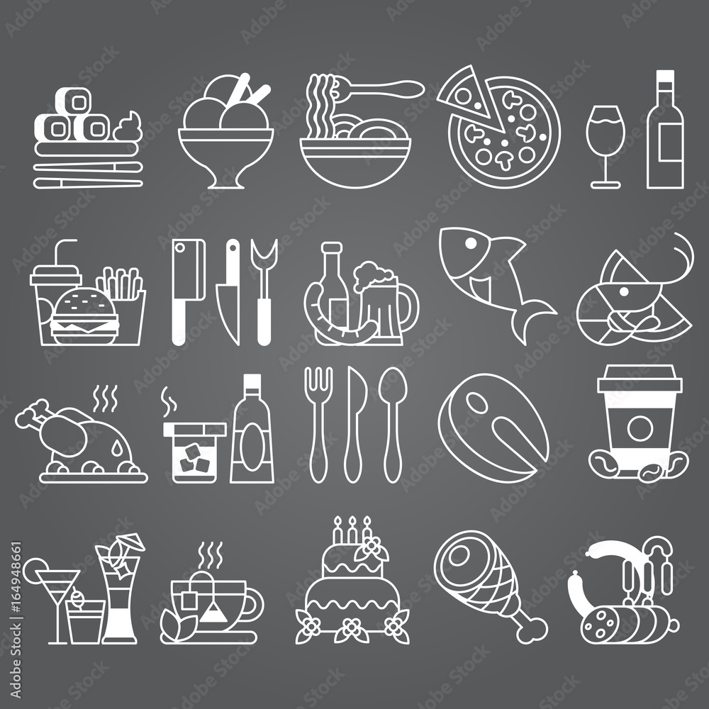 vector white line Set of flat icons and elements about food and drink vector white line Set of flat icons and elements about food and drink