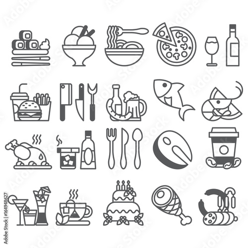 vector black line Set of flat icons and elements about food and drink