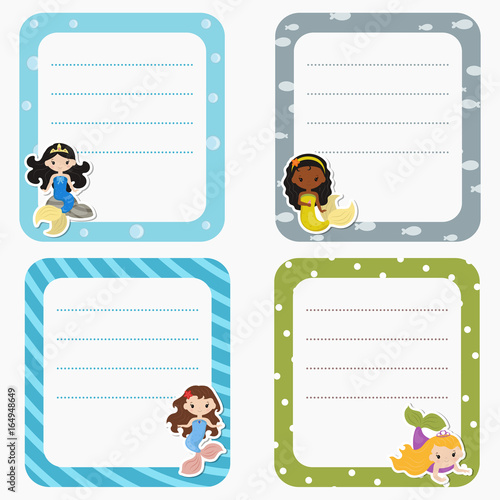 Cute cards or stickers with mermaids theme design.
