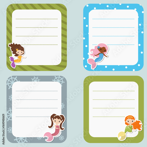 Cute cards or stickers with mermaids theme design.