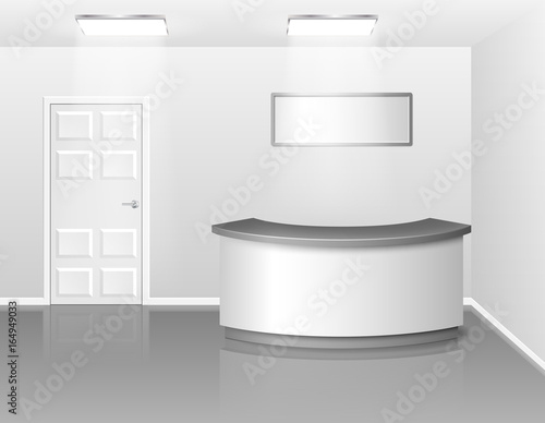 Office or hotel interior with reception or exhibition counter desk. 3d realistic vector illustration. Empty business interior hall with counter