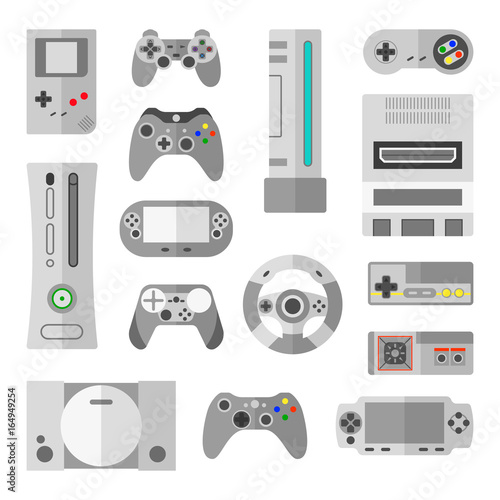 Computer console with game controllers for video games. Vector illustrations in cartoon style