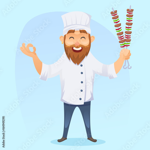 A vector illustration of funny cartoon cook man with barbeque