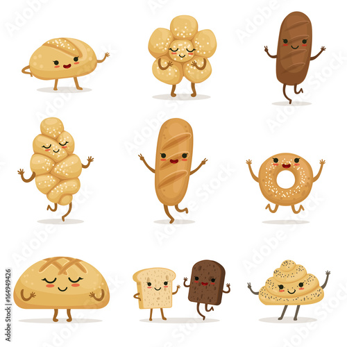 Funny bakery food with different emotions. Vector characters in cartoon style