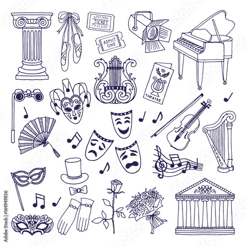 Theatre illustrations set. Opera and ballet vector symbols isolate on white
