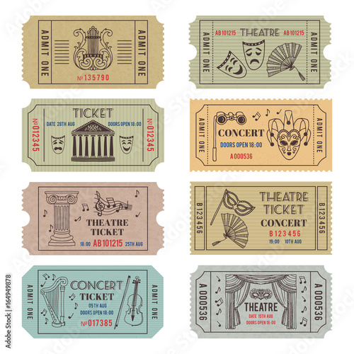 Vintage theatre or cinema tickets with different monochrome symbols of ballet or opera