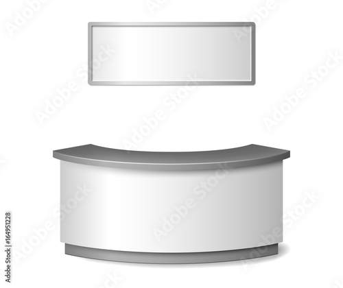 Blank White reception mockup. Round information desk or exhibition counter illustration isolated on white background. 3d reception vector illustration.