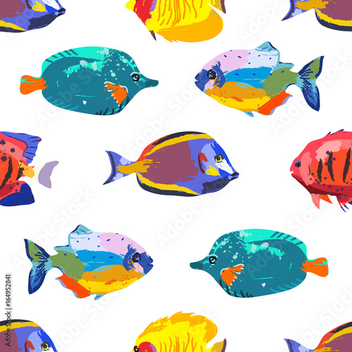Seamless cute pattern with tropical fish