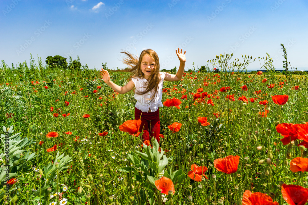 Cute little girl playing in red poppies field summer day, beauty and happiness Cute little girl playing in red poppies field summer day, beauty and happiness