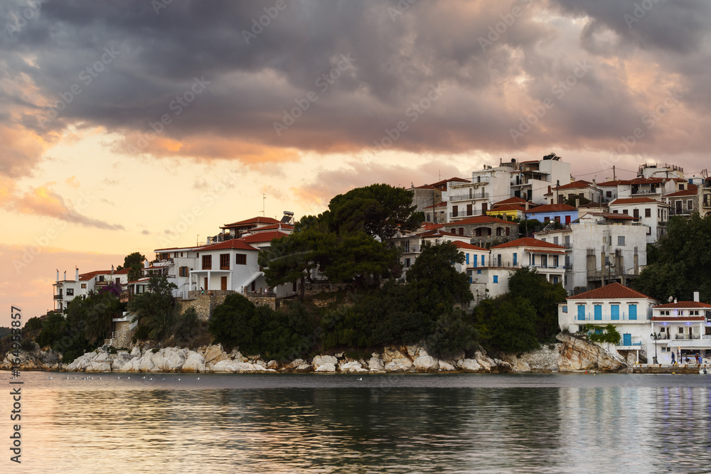 Evening view of Skiathos town in Sporades, Greece.
