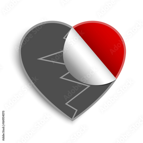 broken gray heart on red heart sticker, love concept