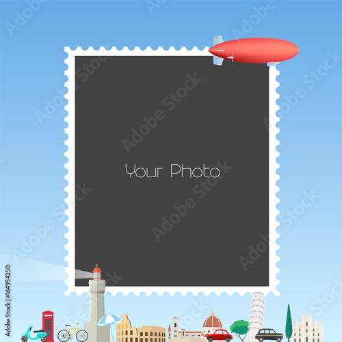 Photo frame collage with cartoon background with zeppelin vector illustration