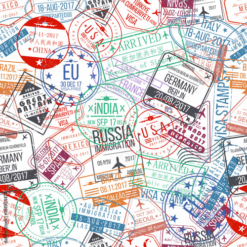 Passport stamp seamless pattern. International arrivals sign rubber, visa stamps