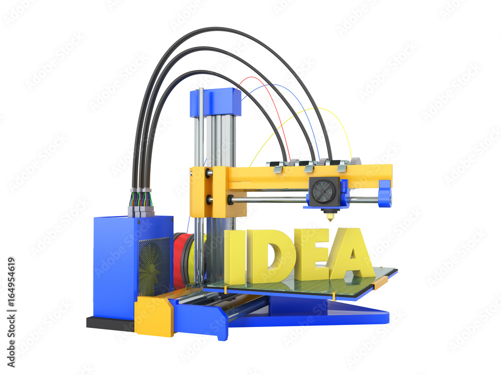 3d printer idea front yellow blue 3d rendering on white background no shadow 3d printer idea front yellow blue 3d rendering on white background no shadow