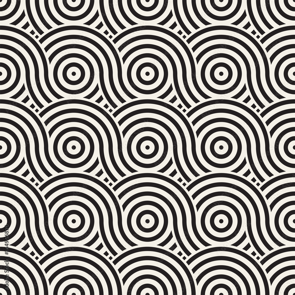 Vector seamless geometric pattern composed with circles and lines. Modern stylish rounded stripes texture. Repeating abstract background