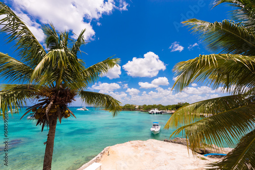 Landscape of the Caribbean Sea, Bayahibe, La Altagracia, Dominican Republic. Copy space for text. photo
