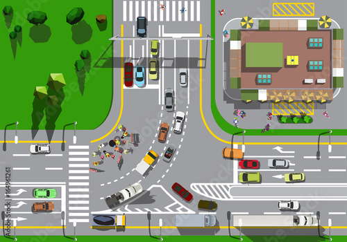 Top view large busy intersection with a traffic jam of cars and road repair