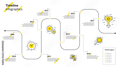 Business timeline workflow infographics. Corporate milestones graphic elements. Company presentation slide template with year periods. Modern vector history time line design. photo