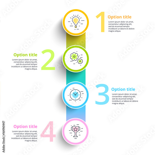 Business process chart infographics with 4 step circles. Circular corporate workflow graphic elements. Company flowchart presentation slide template. Vector info graphic design.