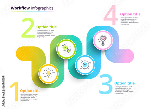 Business process chart infographics with 4 step circles. Circular corporate workflow graphic elements. Company flowchart presentation slide template. Vector info graphic design.