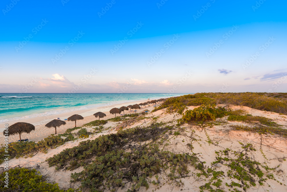 View of the morning beach of the island Cayo Largo, Cuba. Copy space for text.