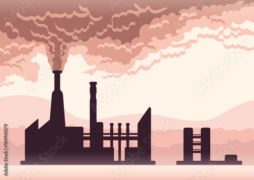 Environmental pollution poster. Cloud of smoke from a factory chimney. Vector illustration with copy space.