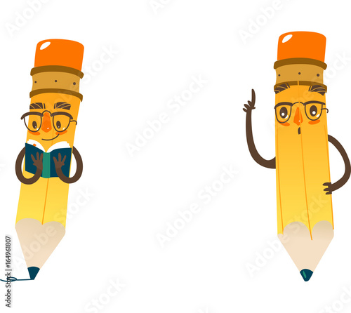 Vector cartoon humanized pencil set with arms and face emotions, keeping book in hands in glasses . Flat isolated illustration on a white background. Happy, smiling character, Back to school concept