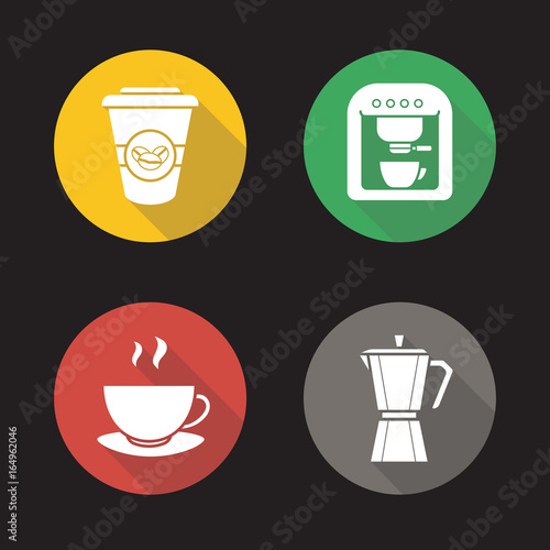 Coffee flat design long shadow glyph icons set