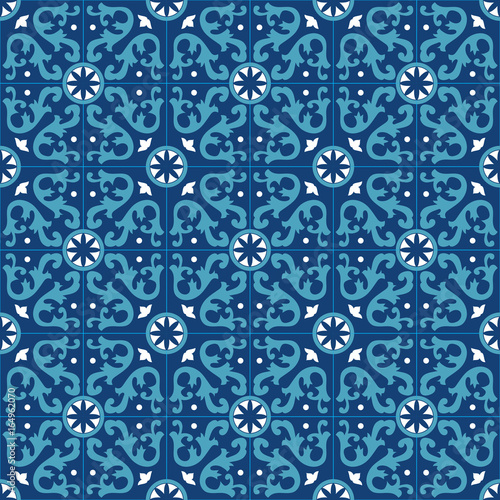 Portuguese traditional ornate azulejo, seamless vector pattern in blue and white colors