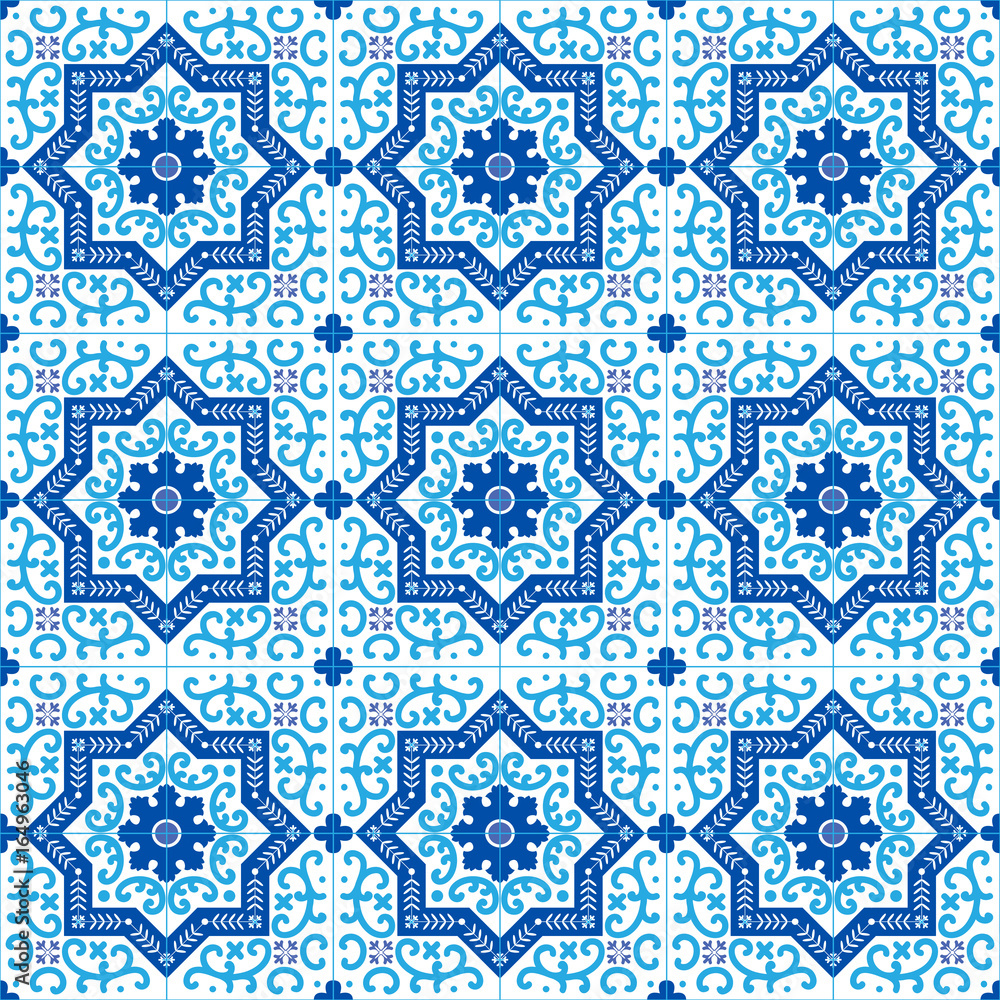 Portuguese traditional ornate azulejo, seamless vector pattern in blue and white colors