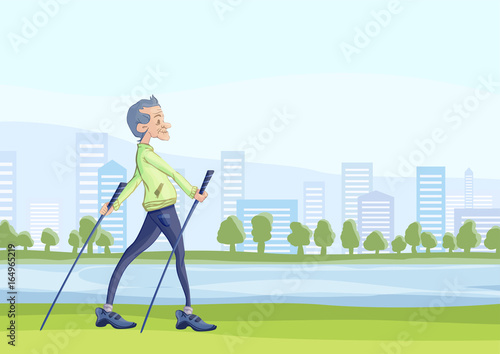 An elderly man practicing nordic walking with sticks outdoors in the city Park. Active lifestyle and sport activities in old age. Vector illustration.