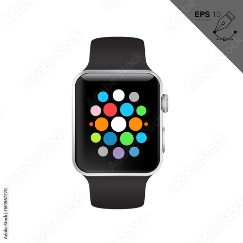 Modern shiny smart watch with steel bracelet applications icons on screen isolated on white background.