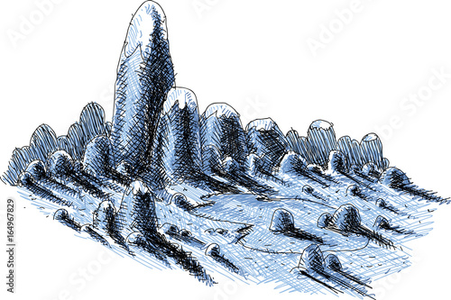 A cartoon of cool, blue, snow-capped mountains casting shadows over a bumpy landscape of hills.