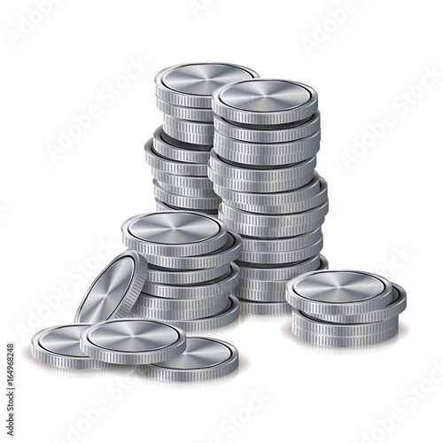 Silver Coins Stacks Vector. Silver Finance Icons, Sign, Success Banking Cash Symbol. Realistic Isolated Illustration