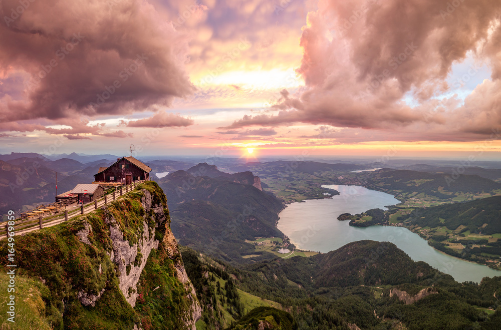 Mountain landscape at sunset in Salzkammergut, Upper Austria