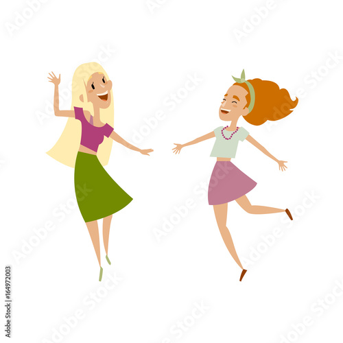 Vector set of female teenagers in casual clothing funny dances. Flat cartoon illustration isolated on a white background. Young girls have fun dancing, smiling cheerfully. Blond, brown hair color