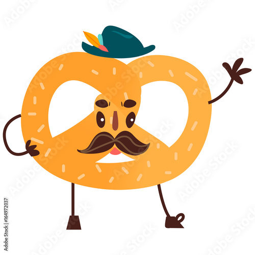 Vector sweet humanized pretzel character with arms and legs in hat. Flat cartoon isolated illustration on a white background. Funny smiley bagel dessert with mustache.
