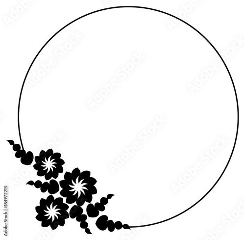 Black and white silhouette round frame with decorative flowers. Vector clip art.