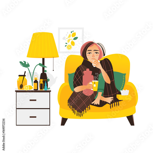 Woman having flu, sitting sick at home, wrapped in blanket, using paper tissues, flat vector illustration isolated on white background. Flat woman having flu sitting at home, sofa, bedside table