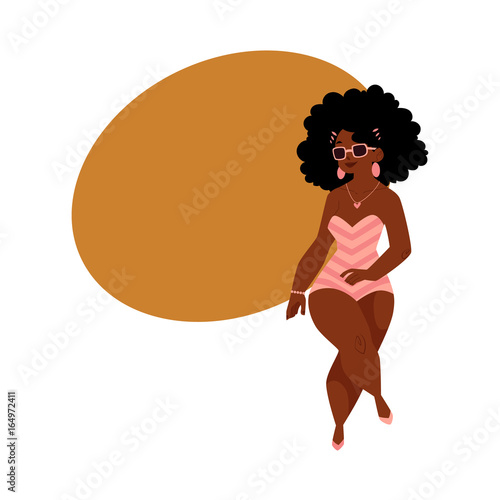 Pretty black, African American plump, curvy woman, girl in swimming suit, top view cartoon vector illustration with space for text. Top view portrait of black plump woman in swimming suit